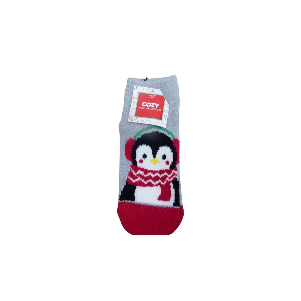 Cozy Micro Velour Socks Womens OS Blue Penguin Holiday Winter Plush